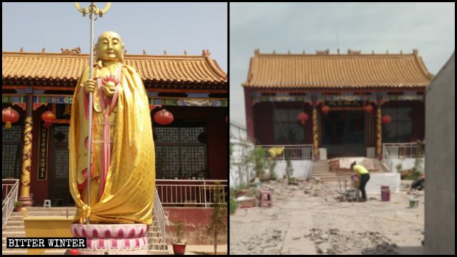 Chùa Qingliang, tỉnh Hà Bắc trước và sau khi bị phá hoại (ảnh: Bitter Winter).