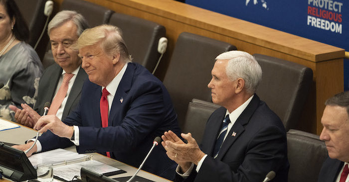 Tổng thống Mỹ Donald J. Trump, cùng với Phó Tổng thống Mike pence, tham dự sự kiện Liên Hợp Quốc về Tự do tín ngưỡng vào ngày 23/9/2019, tại Trụ sở Liên hợp quốc ở thành phố New York, Mỹ (ảnh: Nhà Trắng).